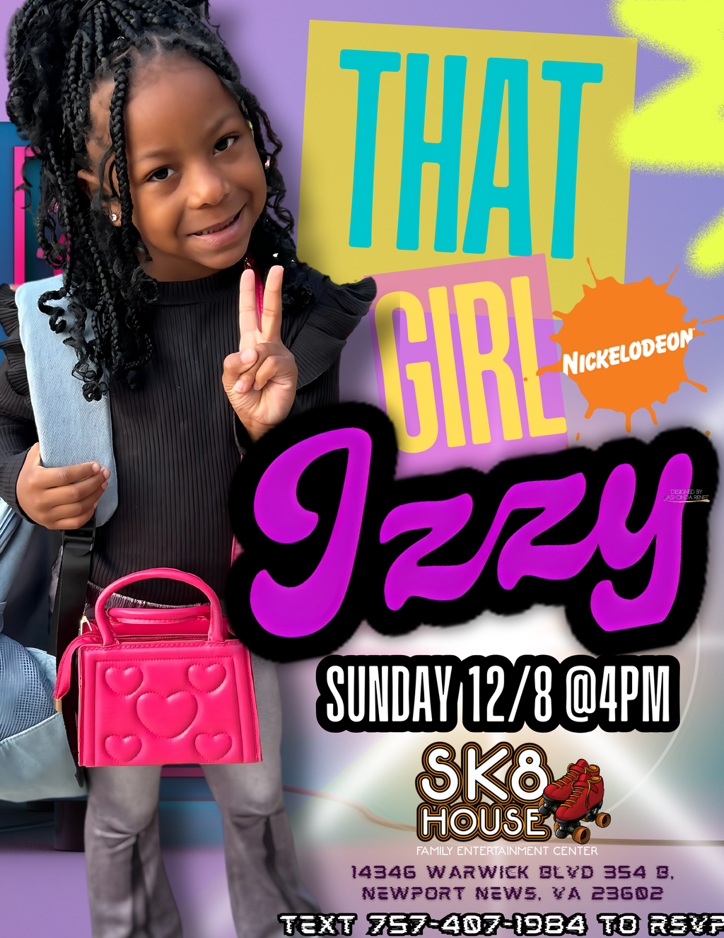 Promotional poster for 'That Girl Izzy' event featuring a young girl with braids and a pink bag.