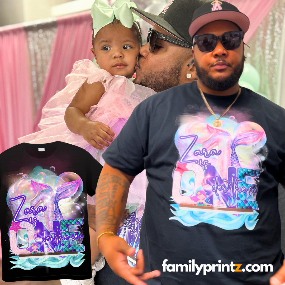 Custom printed birthday t-shirt by FamilyPrintz in Portsmouth, VA – full-color design on front. Custom print on demand